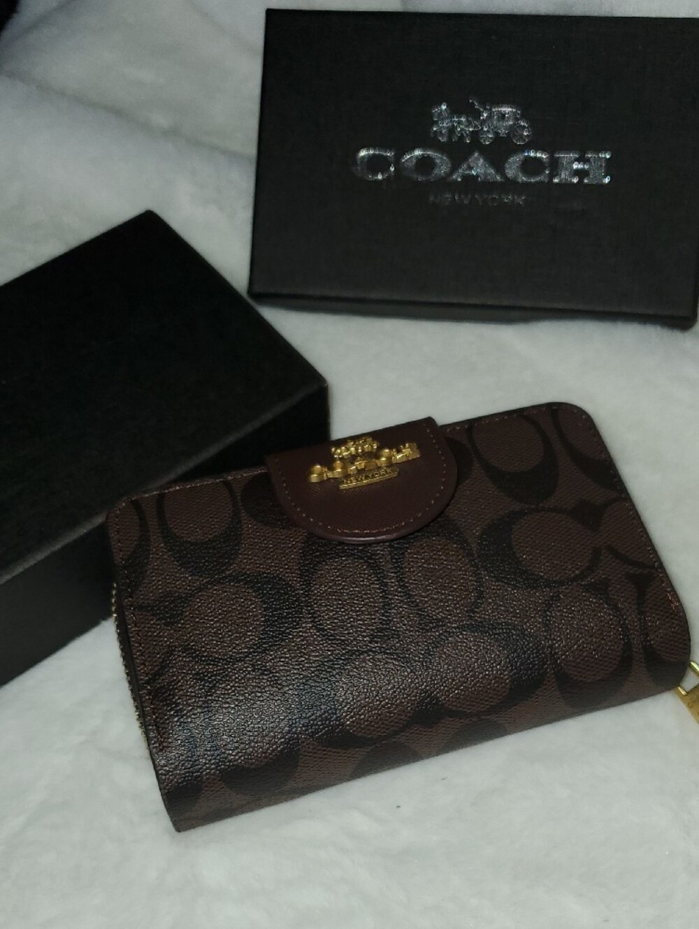 Coach Brown Signature Compact Wallet with Gold Accent - Picture 9 of 9